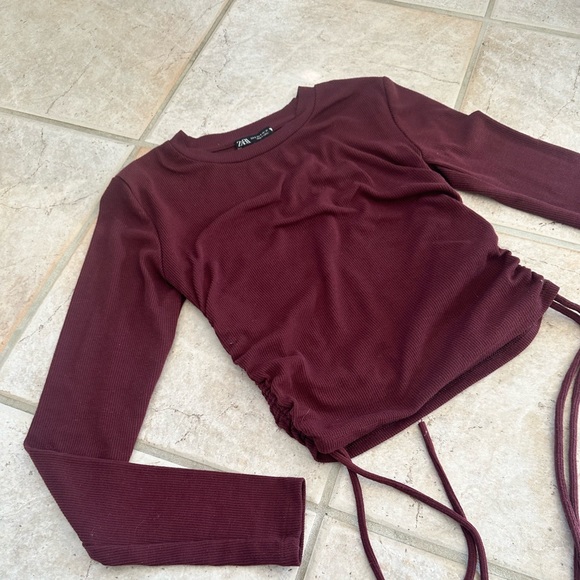 Zara Burgundy Cropped Long Sleeve with Synched Side Ties - Picture 3 of 4